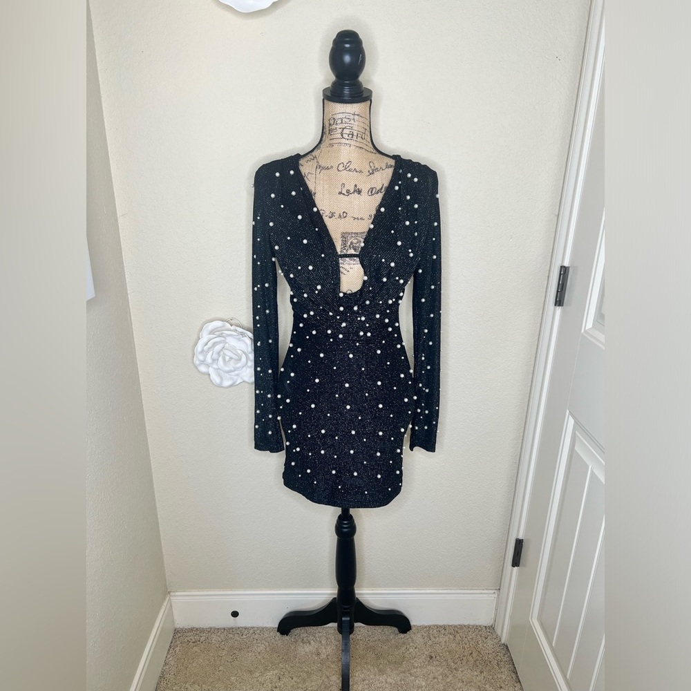 NTM: SHEIN Pearl Embellished Black Bodycon Mini Dress Long Sleeve Size Small - Picture 2 of 16